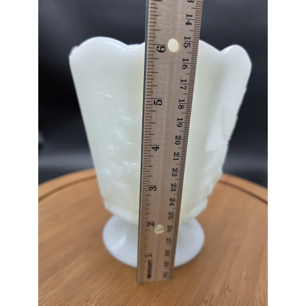 NAPCO # 1186 White Milk Glass Footed Vase Planter Embossed Grapes & Cherries‎